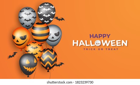 Halloween Banner with Halloween Ghost  and bat Balloons. Scary air balloons. Website spooky or banner template. Vector illustration