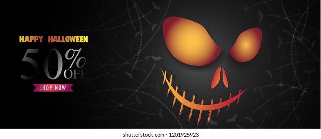 Halloween Banner with Halloween Ghost face, Spider and Bat.Scary air balloons.Website spooky or banner template.Vector illustration. 