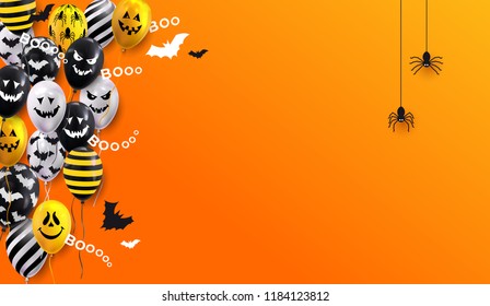 Halloween Banner with ghost yellow and black balloons, spider and bat. Scary air balloons. Design for website spooky or banner template. Vector illustration. Isolated on yellow background.