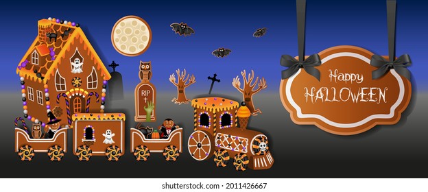 halloween banner with gingerbread house and train