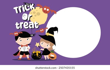 Halloween banner with girl and boy in carnival dracula and witch for halloween party. Vector invitation for Halloween