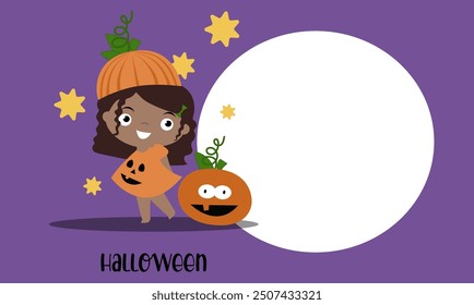 Halloween banner with girl in carnival pumpkin costume for halloween party. Vector invitation for Halloween