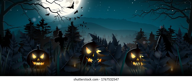 Halloween banner. Gloomy landscape at full Moon. Cemetery with pumpkins in the foreground