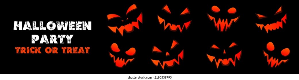 Halloween banner. Glowing orange faces of pumpkins on a black background. Set of toothed monster faces