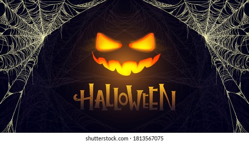 Halloween banner with glowing pumpkin. Cobweb isolated on black transparent background.