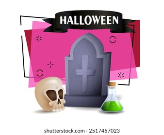 Halloween banner with grave, skull and flask with poison on bright background. Vector illustration can be used for invitations, posters, postcards