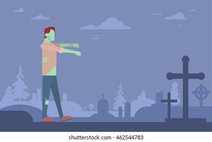 Halloween Banner Green Zombie Walking On Cemetery Cartoon Character Flat Vector Illustration