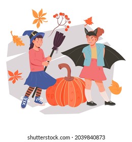 Halloween banner or greeting card layout with children and pumpkins, flat cartoon vector illustration. Halloween holiday kids party poster or invitation card backdrop.