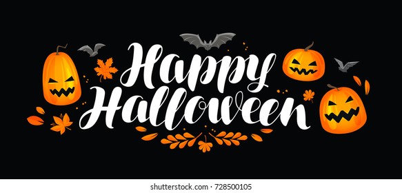 Halloween banner, greeting card. Pumpkin, holiday symbol. Lettering vector illustration