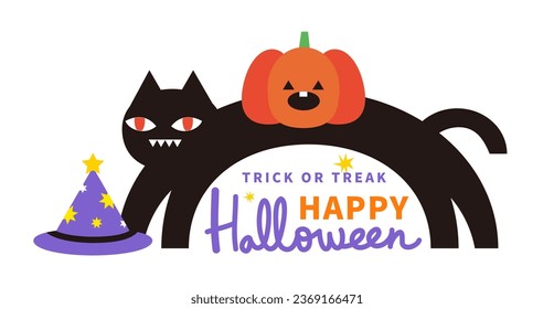Halloween banner greeting party card Poster sale. Black cat magic pumpkin witch art cartoon style