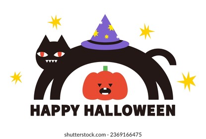 Halloween banner greeting party card Poster sale. Black cat magic pumpkin simple art cartoon style
