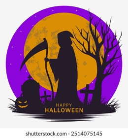 Anuncio de Halloween. Silueta de parca sombría. Vector de fondo