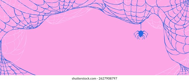 Halloween Banner with Grunge Spider Web Frame in Hand Drawn Style isolated on Pink Background. Doodle arachnid web perfect for cards, party invitations, web
