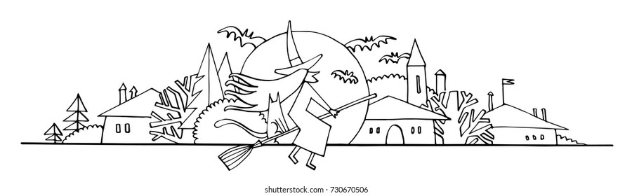 Halloween banner. Hand drawn ink illustration. Vector. Can be used for banner, header, holiday design, fairy tale illustration.