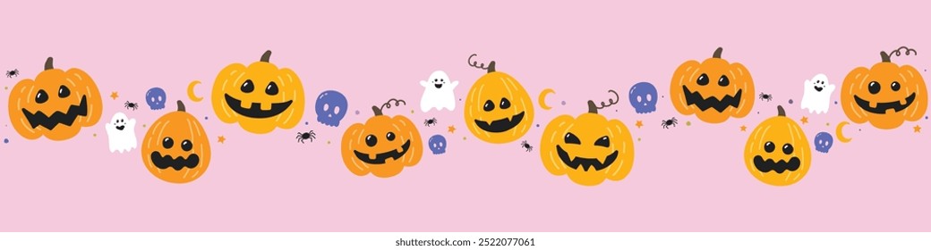 Halloween banner with hand drawn pumpkin lanterns. Vector illustration