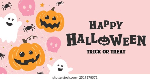 Halloween banner with hand drawn pumpkins, ghosts and skulls. Vector illustration