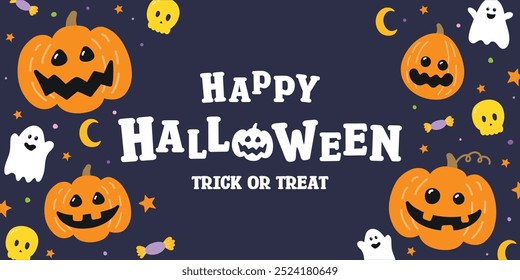 Halloween banner with hand drawn pumpkins, ghosts and skulls in retro style. Vector illustration