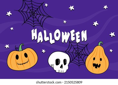 Halloween banner. Hand drawn vector. Halloween background with pumpkins, skulls, cobwebs and stars. Happy Halloween. For website, postcard.