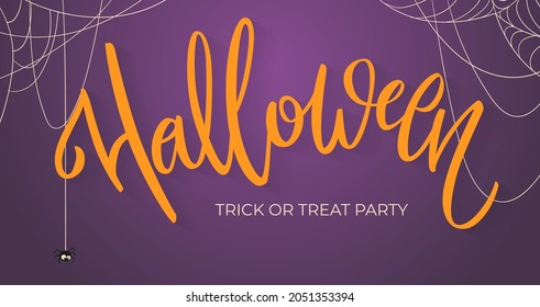 Halloween Banner with hand-written lettering. Website spooky or banner template. Calligraphy of "halloween". Template for sale banner, invitation with cobwebs and cute spider..