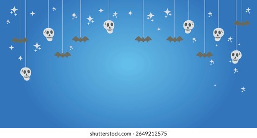 Halloween banner with hanging garland of bats and skulls on blue background. Spooky flat vector design with space for text, perfect for party invitations, flyers, or seasonal promotions. Copy space