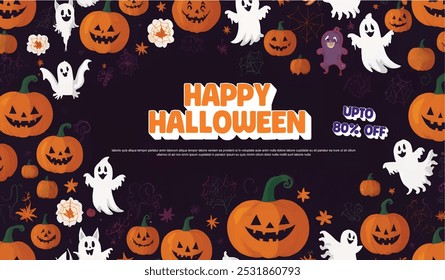 Halloween banner with a happy ghost and pumpkin on it. The banner is for Halloween sale for 80% off