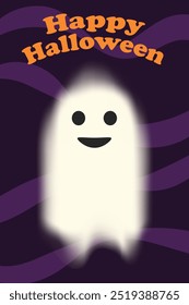 Halloween banner with happy ghost. Halloween spooky October party. Childrens colored flat vector illustration.