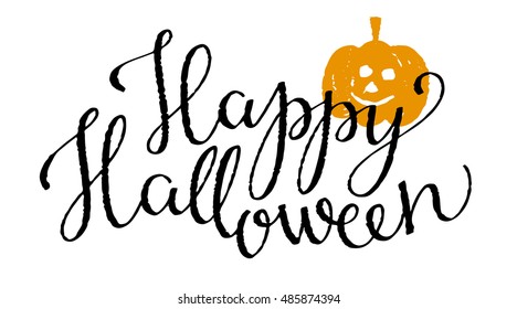 Halloween banner. Happy Halloween handwritten calligraphic text. Pumpkin hand drawn. Isolated on white background. Vector design