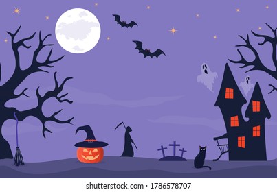 Halloween banner with haunted house, orange pumpkin with hat and cemetery. Full moon night in a spooky forest. Vector background with Halloween attributes. Vector background, banner or postcard.