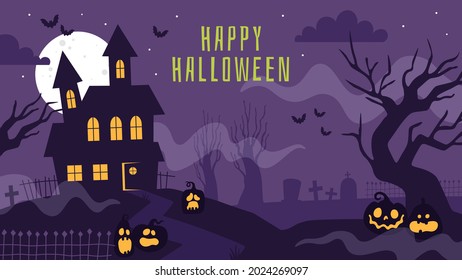 Halloween banner with haunted house. Poster with scary graveyard, full moon, spooky trees, tombstones and lantern pumpkins vector background. Spooky graveyard and scary poster with house illustration