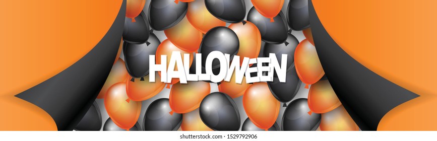 Halloween banner or header design with black and orange balloons and pealing off curved egdes wrapping paper. Vector illustration.