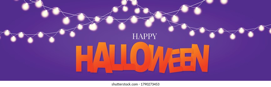 Halloween banner or header. Purple background with hanging garland lights. Vector illustration with lettering text.