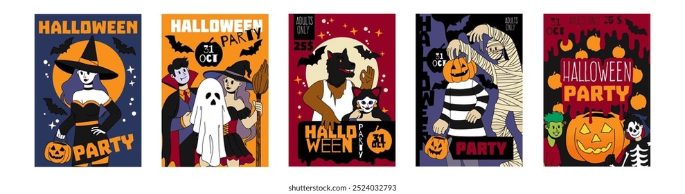 Halloween banner. Holiday party. October celebration card. Event invitation. Cartoon people in masquerade costumes. Carnival autumn flyer template. Spooky characters. Vector advertising posters set