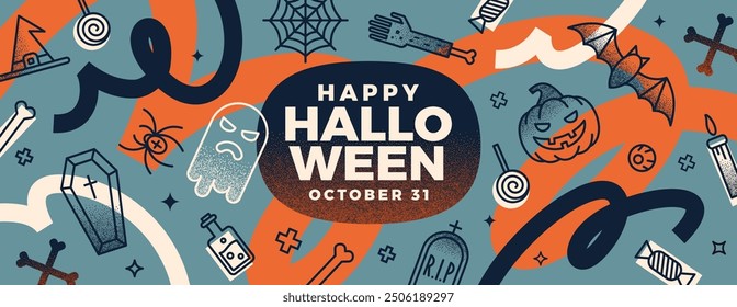 Halloween banner with holiday sign and  symbol. Design with grainy texture gradient and squiggle lines. Vector illustration.
