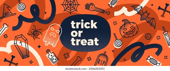 Halloween banner with holiday sign and  symbol. Vector illustration with grainy texture gradient and squiggly lines.