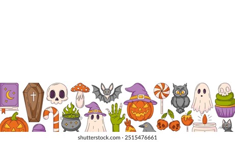 Halloween banner, horizontal background with spooky, scary icons. Flat vector illustration, colorful bottom border frame, space for text. For greeting card, festival, party, invitation, poster