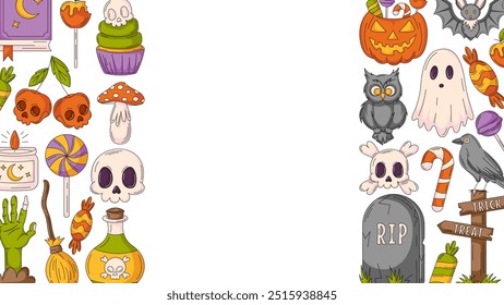 Banner de Halloween, fundo horizontal com ícones assustadores e espaço para texto. Ilustração de vetor plano, moldura de borda de lados coloridos. Cartão comemorativo, festival, festa, convite, cartaz, venda