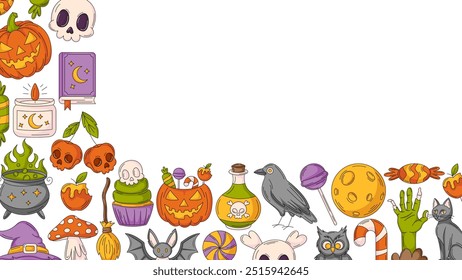 Halloween banner, horizontal background with spooky, scary icons. Flat vector illustration, colorful corner border frame, space for text. For greeting card, festival, party, invitation, poster