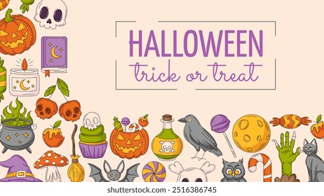 Halloween banner, horizontal background with spooky, scary icons. Flat vector illustration, colorful corner border frame, holiday text. For greeting card, festival, party, invitation, poster or flyer