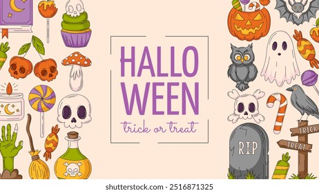 Halloween banner, horizontal background with spooky, scary icons and holiday text. Flat vector illustration, colorful sides border frame. For greeting card, festival, party, invitation, poster