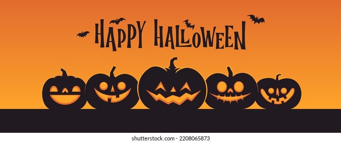 Halloween banner horizontal design with Jack o Lantern carved pumpkins. Simple cartoon spooky design. Trick or treat.