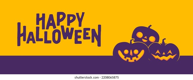 Halloween banner horizontal design with Jack o Lantern carved pumpkins. Simple cartoon spooky design. Trick or treat.