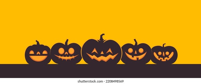 Halloween banner horizontal design with Jack o Lantern carved pumpkins. Simple cartoon spooky design. Trick or treat.