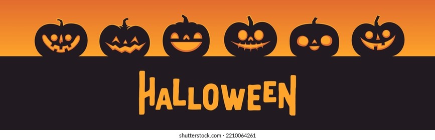 Halloween banner horizontal design with Jack o Lantern carved pumpkins. Simple cartoon spooky design. Trick or treat.