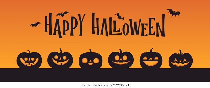 Halloween banner horizontal design with Jack o Lantern carved pumpkins. Simple cartoon spooky design. Trick or treat.