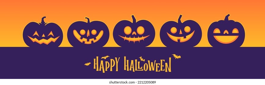Halloween banner horizontal design with Jack o Lantern carved pumpkins. Simple cartoon spooky design. Trick or treat.