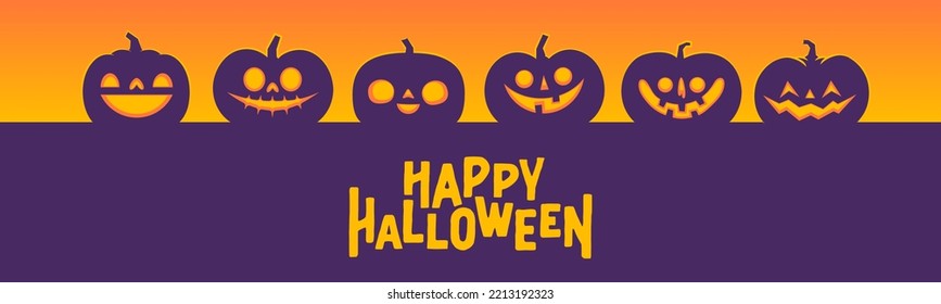 Halloween banner horizontal design with Jack o Lantern carved pumpkins. Simple cartoon spooky design. Trick or treat.
