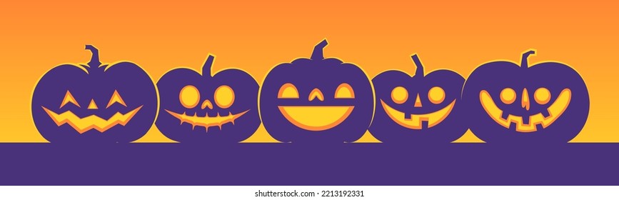 Pancarta de Halloween diseño horizontal con calabazas talladas de Jack o Lantern. Diseño espeluznante de caricaturas simples. Truco o trato.