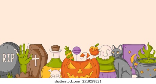 Halloween banner, horizontal isolated background with spooky, scary colorful icons, bottom frame, space for text. Flat vector illustration. For greeting card, festival, party, invitation, poster