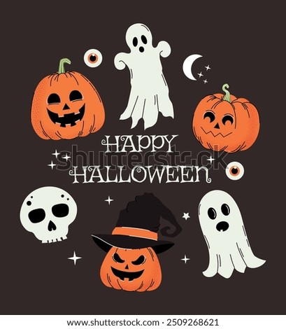 Halloween banner. Horror elements. Collection of Hand drawn shapes. Trendy doodle. Ghost. Autumn. October 31. Saints' Day. Stickers and icons. Jack o lantern. Cartoon. pumpkin, bones, eye, scull