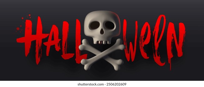 Halloween banner. Human cartoon skull with crossbones and brush calligraphy on black background. 3d render skull. Vector illustration.